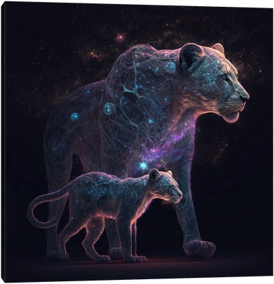 Starry Nights, Lioness and Cub Canvas Art Print - Spacescapes