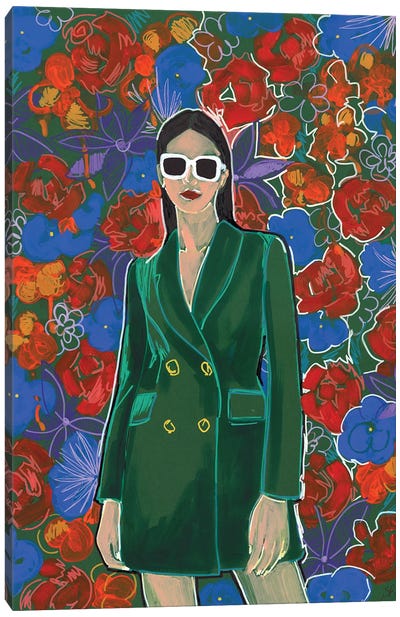 Floral Girl On Green Background Canvas Art Print - Graphic Fashion
