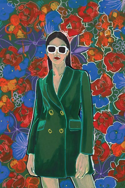 Sasha Robinson: Floral Girl On Green Background by Sasha Robinson