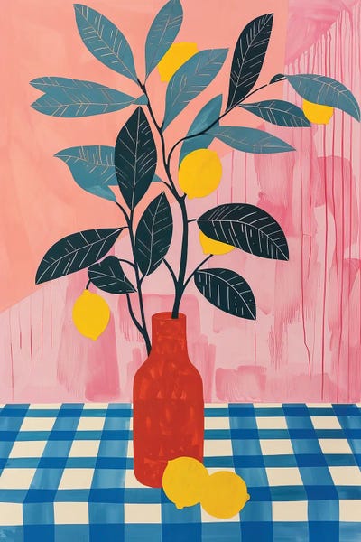 Sasha Robinson: Red Vase With Lemons by Sasha Robinson