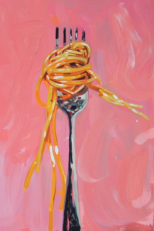 Fork With Spaghetti Against Pink Background