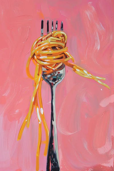 Sasha Robinson: Fork With Spaghetti Against Pink Background by Sasha Robinson