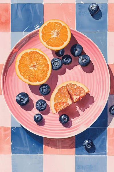 Berries: Pink Plate With Oranges And Blueberrie by Sasha Robinson