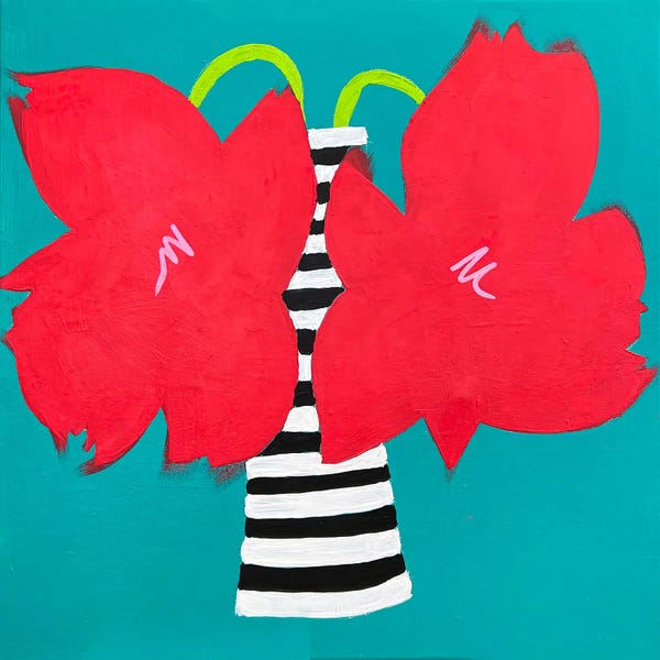 Red Flowers In Striped Vase