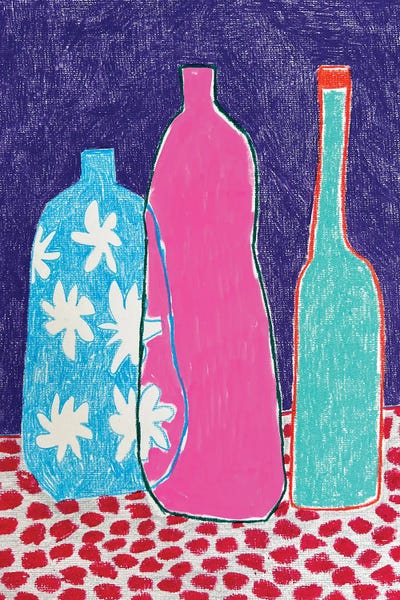 Pottery Still Life: Colorful Bottles On Table by Sasha Robinson