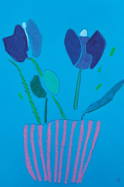 Pottery Still Life: Blue Tulips In Pink Vase by Sasha Robinson