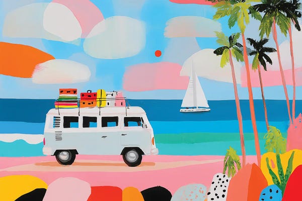 Sasha Robinson: Retro Camper Van On Beach by Sasha Robinson