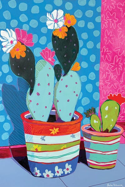 Colorful Cacti In Striped Pot