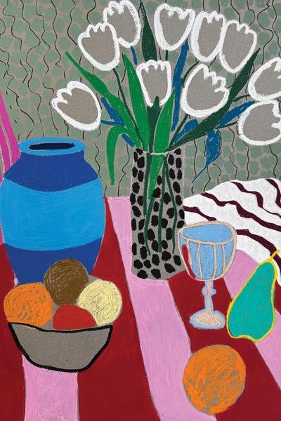Sasha Robinson: Tulips, Fruit And A Blue Visitor by Sasha Robinson