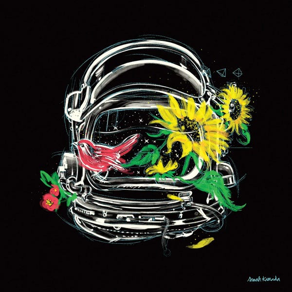 Fine Art Print: Helmet Bird And Flowers by Sarah Kamada