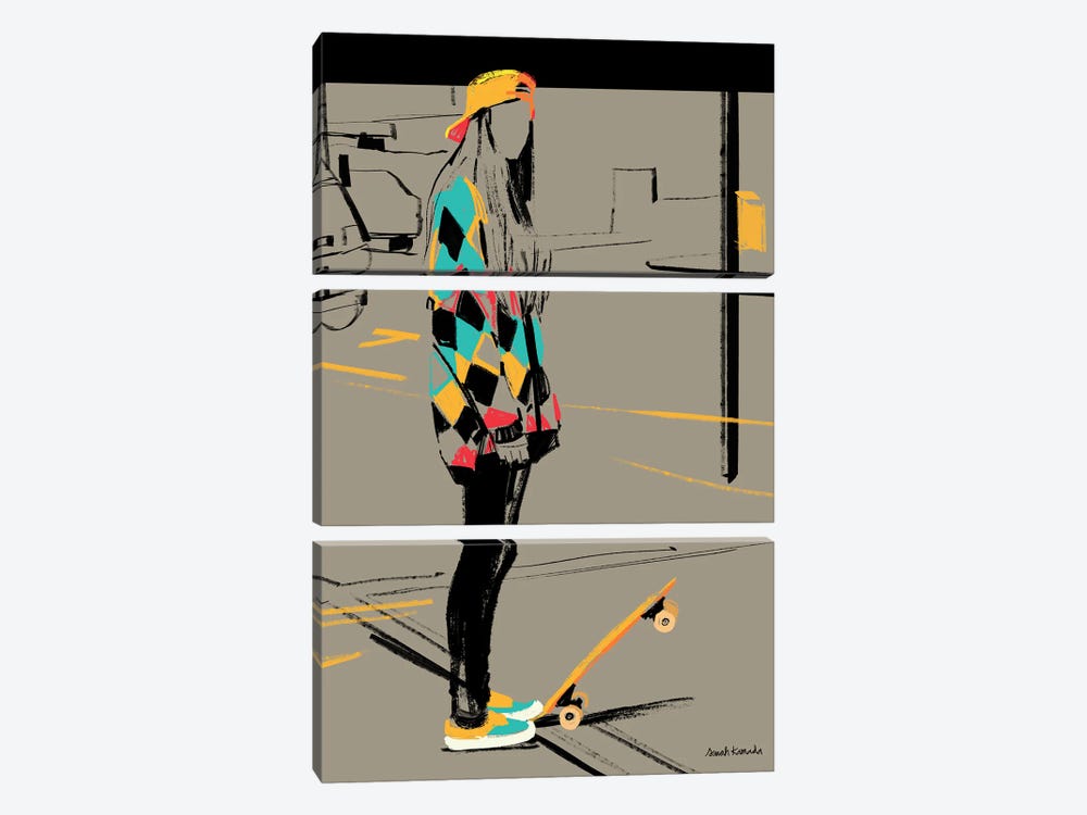 Color Girl Skateboard by Sarah Kamada 3-piece Canvas Print