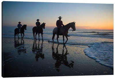 Cowboys On Virginia Beach At Sunrise Canvas Art Print - Cowboy & Cowgirl Art