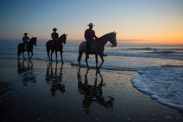 Joel Sartore: Cowboys On Virginia Beach At Sunrise by Joel Sartore