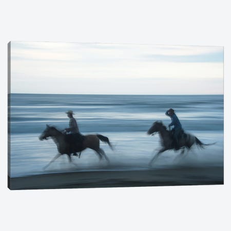Two Cowboys Ride Horses Through The Waves On Virginia Beach, Virginia Canvas Print #SRR325} by Joel Sartore Canvas Wall Art