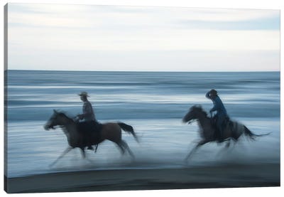 Two Cowboys Ride Horses Through The Waves On Virginia Beach, Virginia Canvas Art Print - Virginia Art