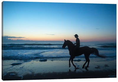 A Cowboy On Virginia Beach At Sunrise Canvas Art Print - Cowboy & Cowgirl Art