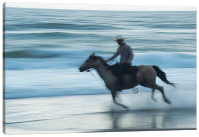A Cowboy Rides A Horse On Virginia Beach, Virginia Canvas Art Print - Cowboy & Cowgirl Art