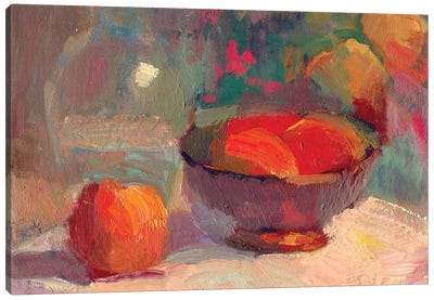 Peaches In Silver Bowl Canvas Art Print - Pantone 2024 Peach Fuzz