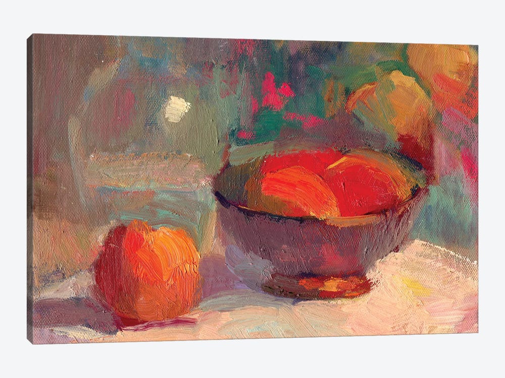 Peaches In Silver Bowl by Sally Rosenbaum 1-piece Canvas Print