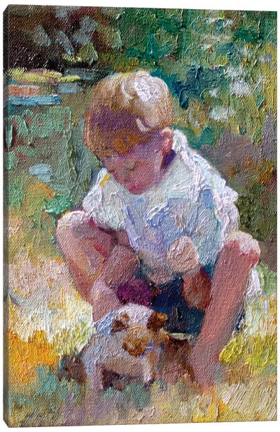 Little Boy And Kitten Canvas Art Print - Sally Rosenbaum