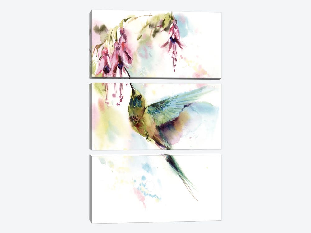 Hummingbird With Pink Flowers by Sophie Rodionov 3-piece Canvas Art