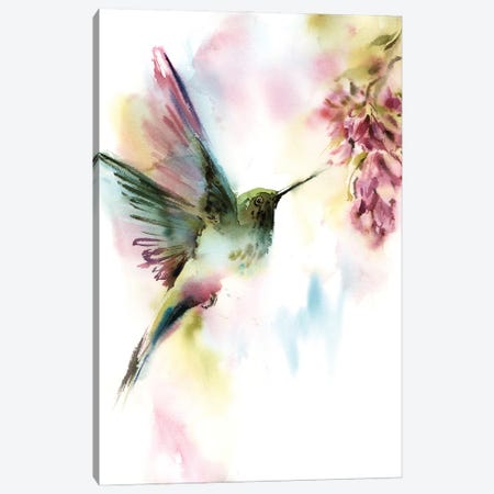 Hummingbird With Pink Florals Canvas Print #SRV137} by Sophie Rodionov Canvas Wall Art
