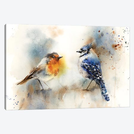 Robin And Blue Jay Canvas Print #SRV166} by Sophie Rodionov Art Print