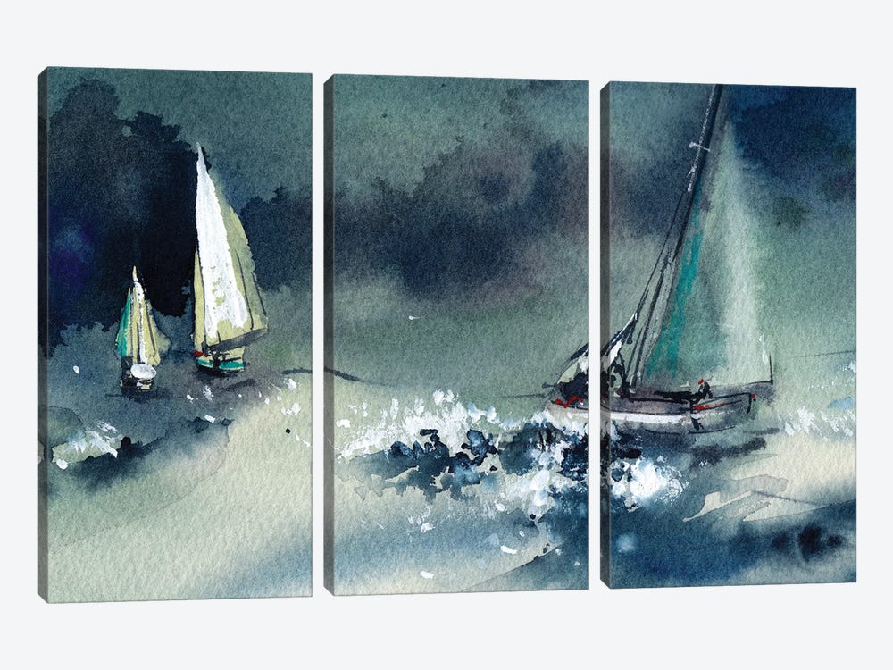 Blue Seascape And Sailboats by Sophie Rodionov 3-piece Canvas Art