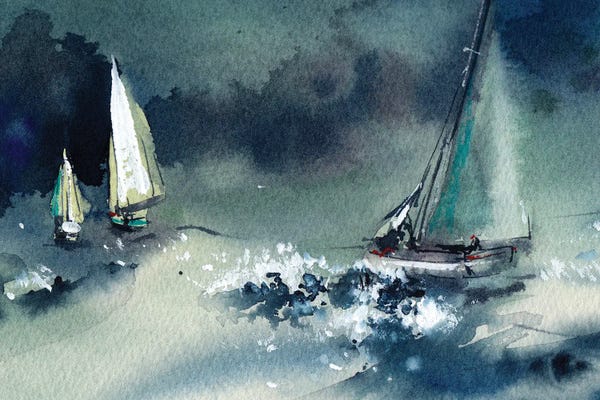 Black & White & Blue: Blue Seascape And Sailboats by Sophie Rodionov