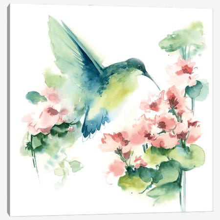 Hummingbird And Pink Flowers Canvas Print #SRV28} by Sophie Rodionov Canvas Art Print