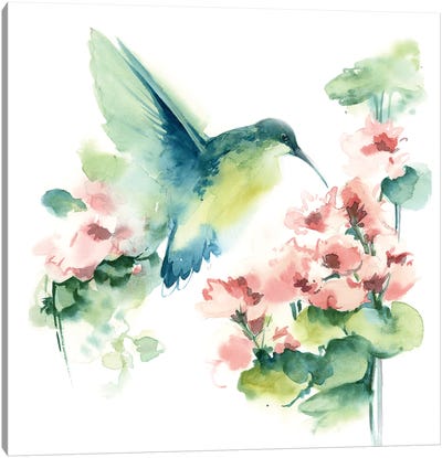 Hummingbird And Pink Flowers Canvas Art Print - Hummingbird Art