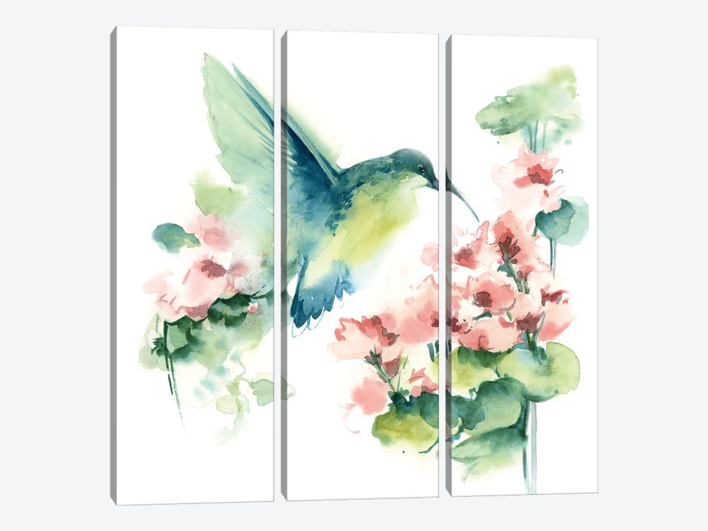 Hummingbird And Pink Flowers by Sophie Rodionov 3-piece Canvas Print