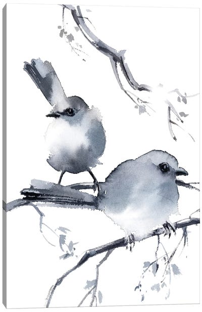 Two Birds Canvas Art Print - Black, White & Blue Art