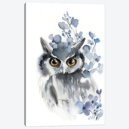 Owl And Flowers On Grey And Blue Canvas Print #SRV53} by Sophie Rodionov Canvas Artwork