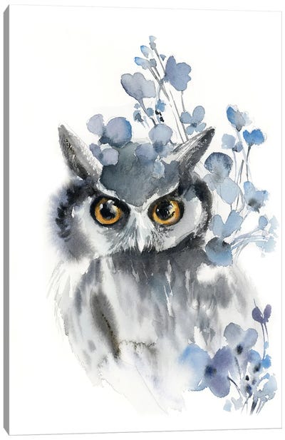 Owl And Flowers On Grey And Blue Canvas Art Print - Owl Art