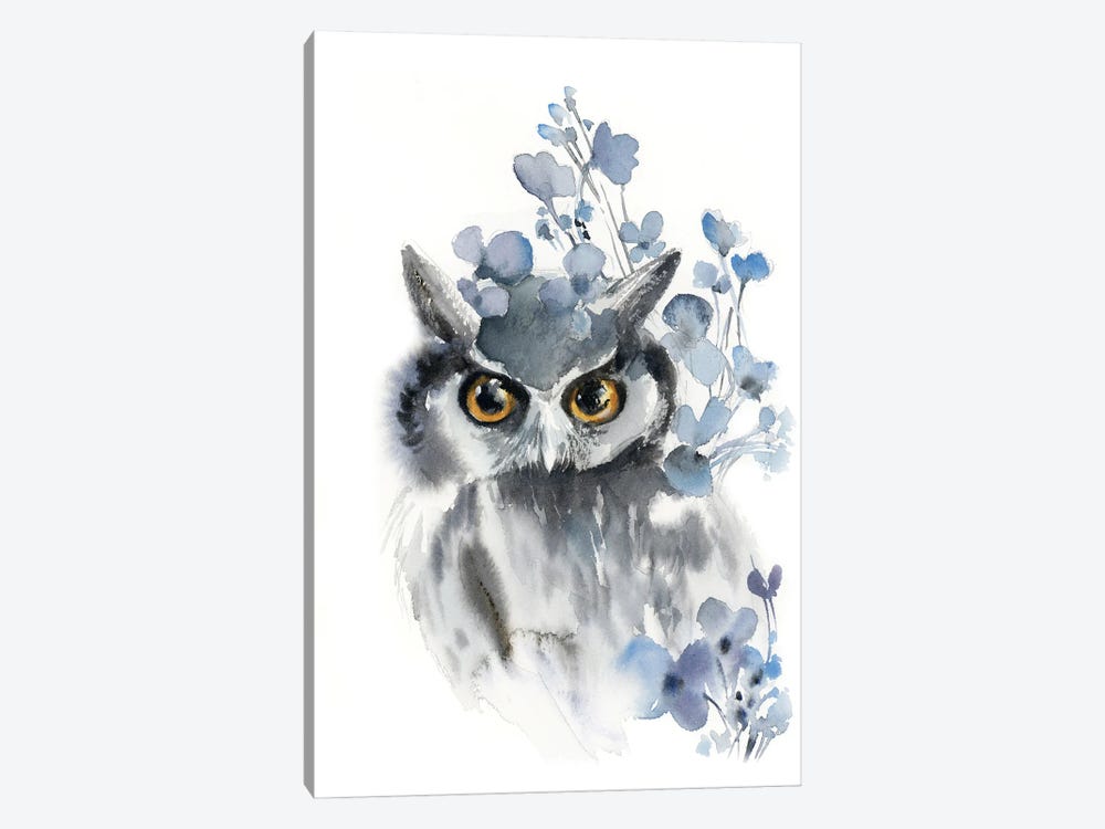 Owl And Flowers On Grey And Blue by Sophie Rodionov 1-piece Canvas Print