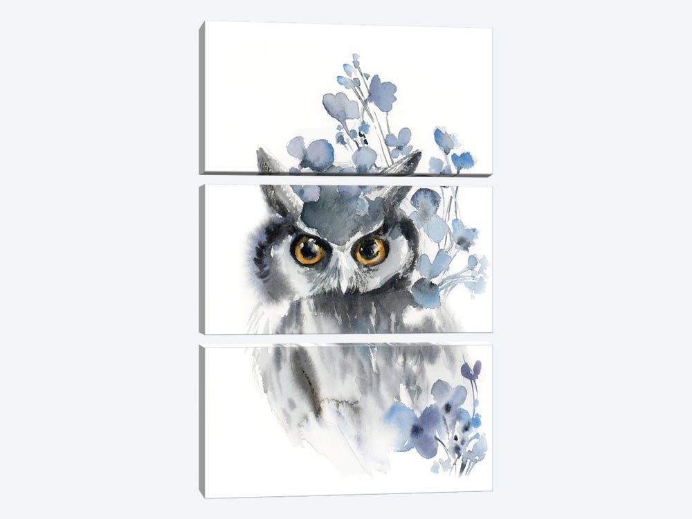 Owl And Flowers On Grey And Blue 3-piece Art Print