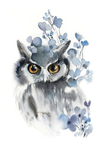 Middle Eastern Artists: Owl And Flowers On Grey And Blue by Sophie Rodionov