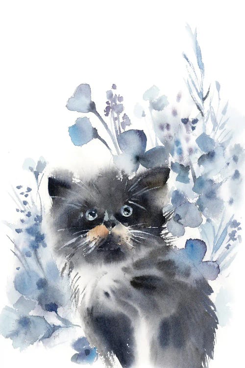 Cat And Flowers In Grey And Blue