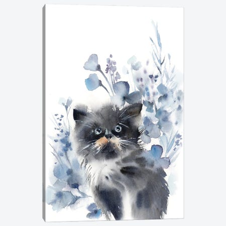 Cat And Flowers In Grey And Blue Canvas Print #SRV54} by Sophie Rodionov Art Print
