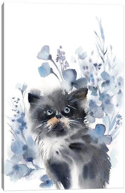 Cat And Flowers In Grey And Blue Canvas Art Print - Sophie Rodionov