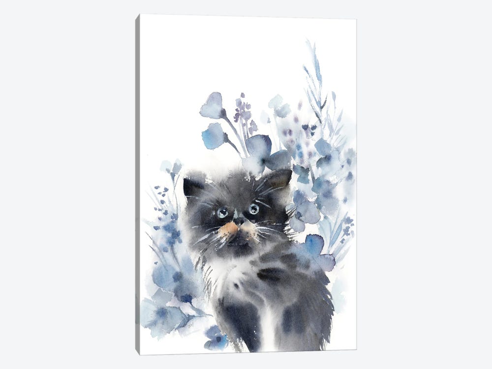 Cat And Flowers In Grey And Blue by Sophie Rodionov 1-piece Canvas Art