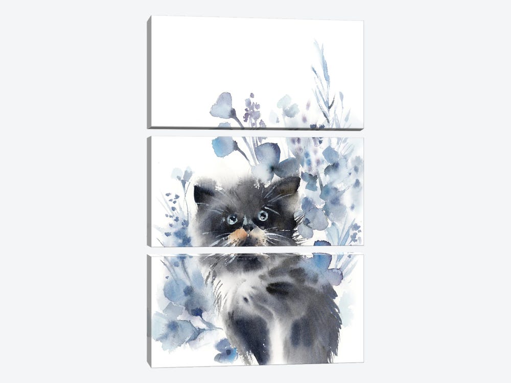 Cat And Flowers In Grey And Blue by Sophie Rodionov 3-piece Canvas Art