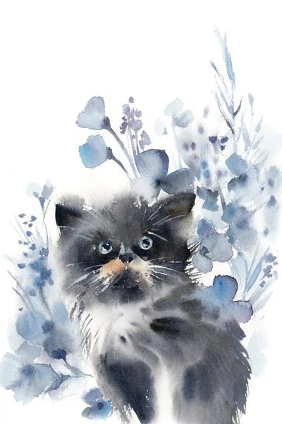 Black & White & Blue: Cat And Flowers In Grey And Blue by Sophie Rodionov