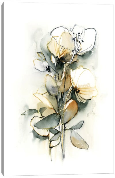 Florals In Mustard Yellow And Green II Canvas Art Print - Black, White & Yellow Art