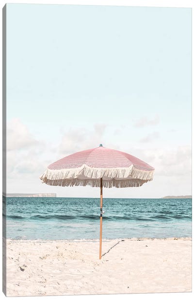 Pink Umbrella Canvas Art Print - Beach Vibes