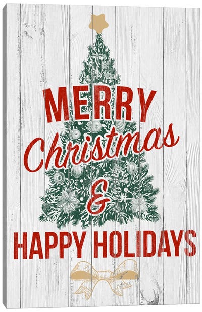 Merry Christmas & Happy Holidays Canvas Art Print - Evergreen Tree Art