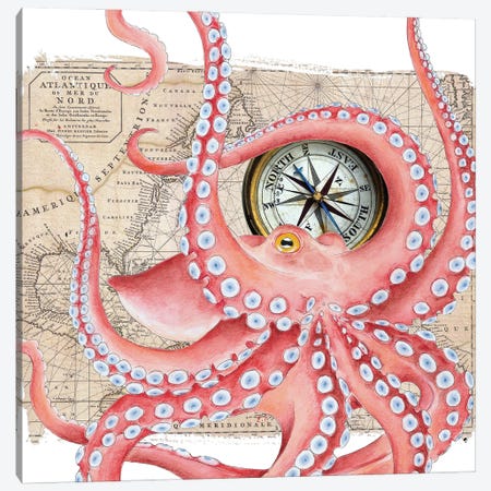 Red Octopus Dance Compass Map Canvas Print #SSI100} by Seven Sirens Studios Canvas Art Print