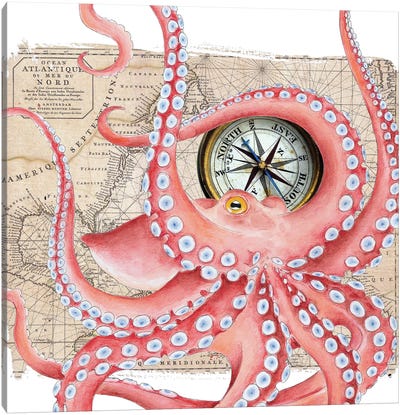 Red Octopus Dance Compass Map Canvas Art Print - Compasses