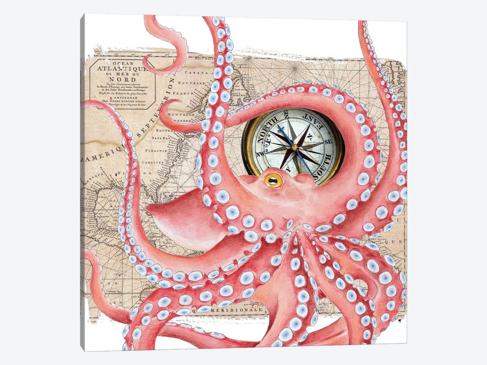 Red Octopus Dance Compass Map by Seven Sirens Studios 1-piece Canvas Print